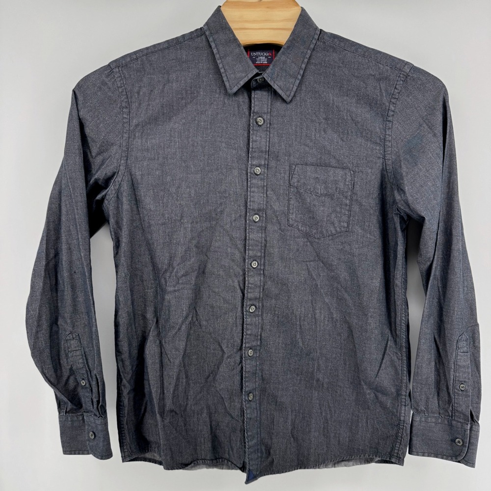 UNTUCKit Button Down Shirt Large Tall Regular Gray Cotton Chambray Long Sleeve - Picture 2 of 7